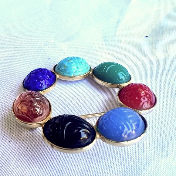 Vintage Scarab Brooch Silver Tone Semi Precious Stones Egyptian Revival Jewelry - Picture 2 of 8